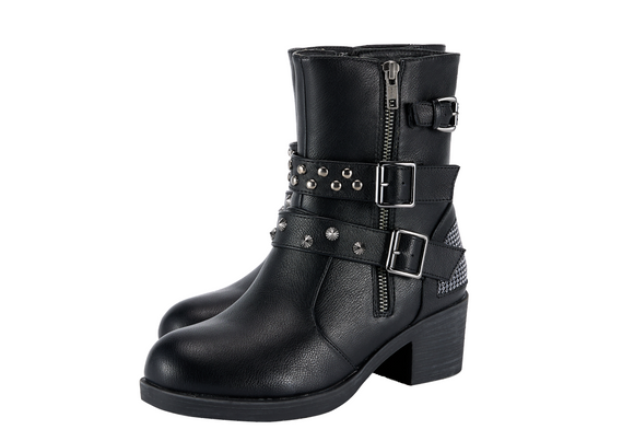 Ladies Zippered Black Multi-Studded Buckle Boots By Dream Apparel