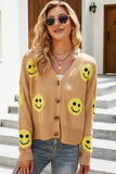 Smiley Face Ribbed Trim V-Neck Cardigan