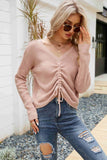 Waffle-Knit Drawstring Detail V-Neck Sweater