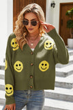 Smiley Face Ribbed Trim V-Neck Cardigan