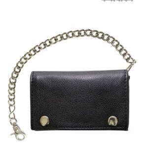 Black Naked Cowhide Leather Heavy Duty Biker Trifold Chain Wallet with Snaps