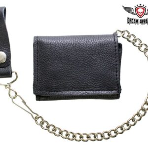 Premium Leather Plain Heavy Duty Black Biker Tri-Fold Chain Wallet