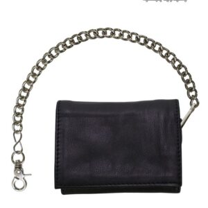 Dream Apparel Black Multi-Pocket Naked Cowhide Leather Tri-Fold Wallet with Chain